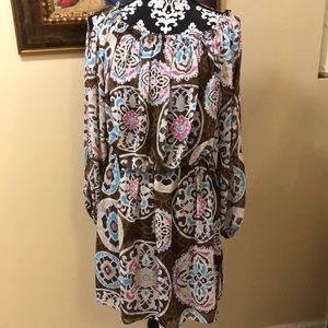 Boston Proper chiffon lined elastic waist & shoulder, open long sleeve dress